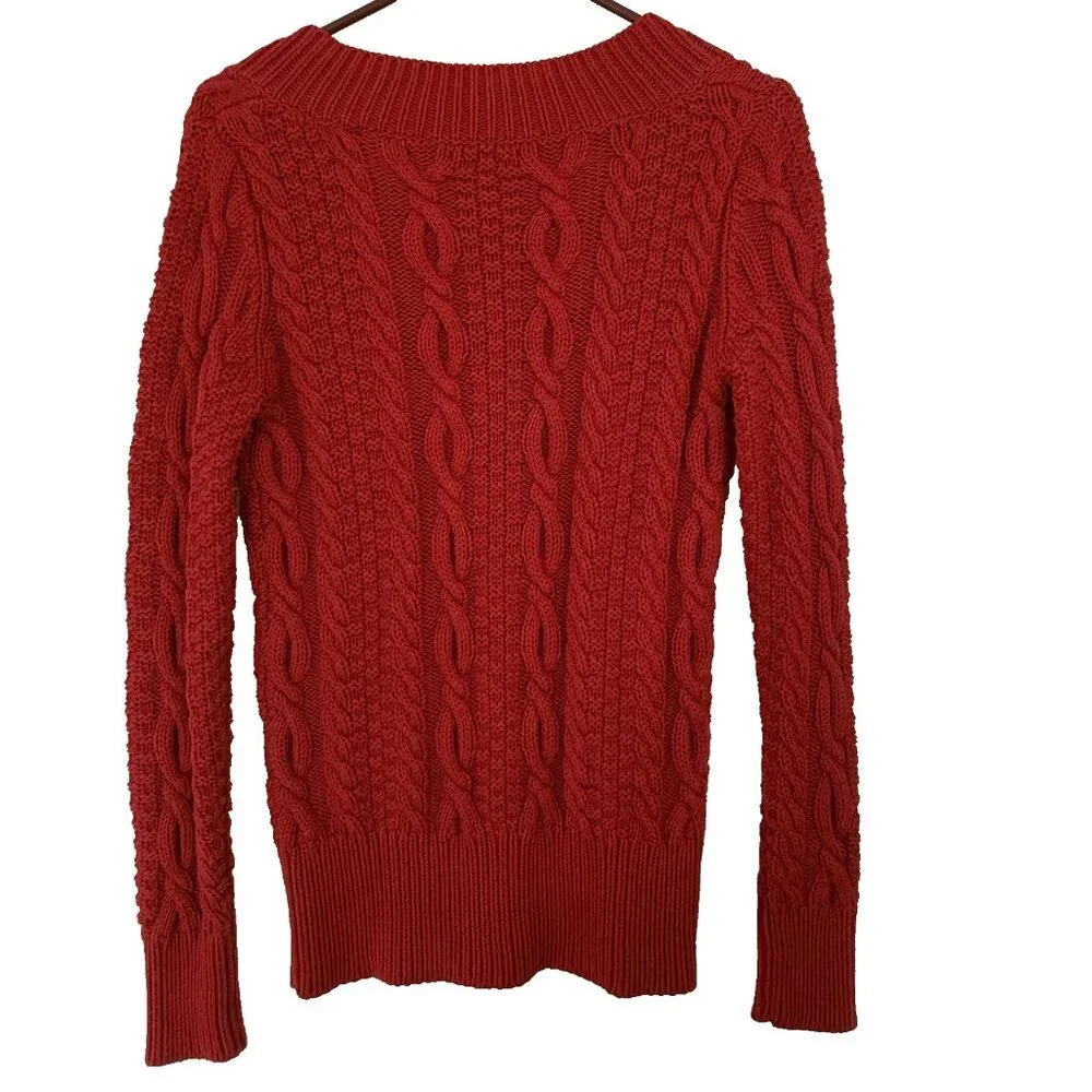 Vtg Moda Y2K Cable Knit Sweater Jumper M Red Cotton V-Neck Long Sleeve Fisherman